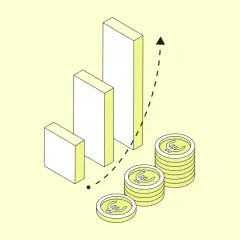 Wachstum der OHG: Balkendiagramm mit Euro-Münzen und Pfeil, der Aufwärtstrend symbolisiert.