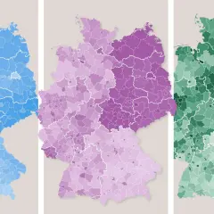Drei Karten von Deutschland, farblich abgestuft von blau über lila zu grün. Sie zeigen Unterschiede zwischen Ost und Westdeutschland.