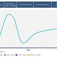 Gartner Hype Cycle: Erwartungen steigen nach Innovationsauslösern, fallen ins Tal der Ernüchterung, bevor sie das Plateau der Produktivität erreichen.