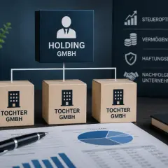 Ein Diagramm zeigt eine Holding GmbH mit drei Tochtergesellschaften. Daneben sind Vorteile wie Steueroptimierung und Haftungsbegrenzung aufgeführt.