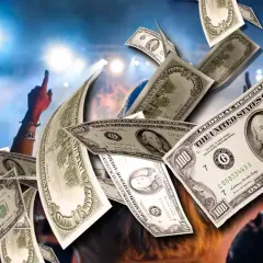 Geldregen über einem Konzertpublikum, das zeigt, wie man mit Musik Geld verdienen kann.