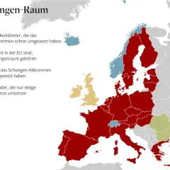 Karte des Schengen-Raums: Rote Länder haben das Abkommen umgesetzt, blaue Länder gehören dazu, aber nicht zur EU. Gelbe Länder setzen nur Teile um.