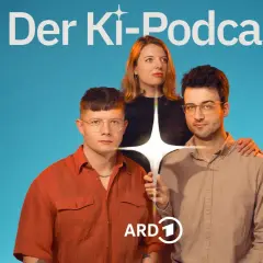 Drei Personen stehen vor einem blauen Hintergrund. Über ihnen steht "Der Ki-Podcast". Ein Sternenlicht strahlt zwischen ihnen.