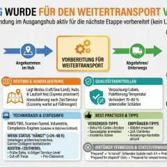 Der Prozess der Sendungsvorbereitung für den Weitertransport, inklusive Kernschritte, Dauer, Zoll & Compliance, und Verzugsfaktoren. Ein wichtiger Aspekt ist der **transfer impact assessment deutsch**.