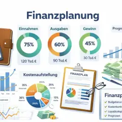 Einblicke in die Finanzplanung: Einnahmen, Ausgaben, Gewinn, Kostenaufstellung und Prognosen. Ein detaillierter businessplan erstellen ist hier visuell dargestellt.