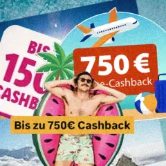 Urlaub mit bis zu 750€ Cashback! Ein Mann entspannt im Wasser, daneben Koffer, Ball und Flugzeug.