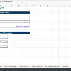 Excel-Tabelle zur Erstellung eines Finanzplans mit Feldern für Unternehmensdaten und Zusammenfassung.