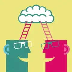 Zwei Köpfe mit Leitern, die zu einer Wolke führen. Symbolisiert den Austausch von Ideen in der politischen Sprache.