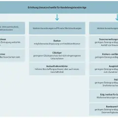 Diagramm zeigt Auswirkungen einer Erhöhung der Umsatzschwelle für Handelsregistereinträge auf verschiedene Akteure, z.B. Banken, Gläubiger und staatliche Stellen.