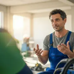 Ein blue collar worker in blauer Latzhose erklärt etwas gestikulierend.