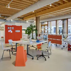 Helles, modernes new work office mit Holzbalkendecke, Besprechungstisch, Pflanzen und flexiblen Trennwänden.