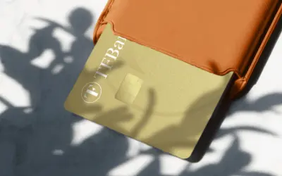 Goldene TF Bank Karte in einem orangen Etui, Schatten von Blättern. Gute TF Bank Erfahrungen sind hier zu sehen.