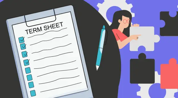 Eine Frau fügt Puzzleteile zusammen, während sie einen Vertrag erstellt. Ein Klemmbrett mit "Term Sheet" und angekreuzten Punkten liegt bereit.