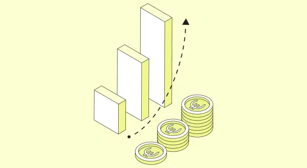 Wachstum der OHG: Balkendiagramm mit Euro-Münzen und Pfeil, der Aufwärtstrend symbolisiert.