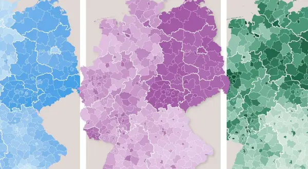 Drei Karten von Deutschland, farblich abgestuft von blau über lila zu grün. Sie zeigen Unterschiede zwischen Ost und Westdeutschland.