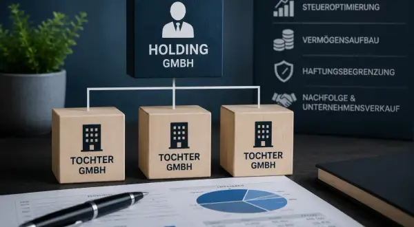 Ein Diagramm zeigt eine Holding GmbH mit drei Tochtergesellschaften. Daneben sind Vorteile wie Steueroptimierung und Haftungsbegrenzung aufgeführt.