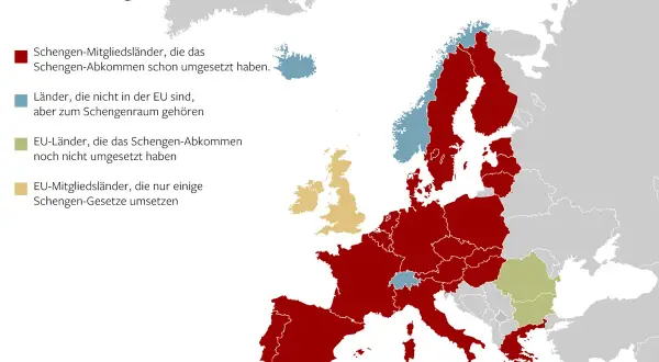 Karte des Schengen-Raums: Rote Länder haben das Abkommen umgesetzt, blaue Länder gehören dazu, aber nicht zur EU. Gelbe Länder setzen nur Teile um.