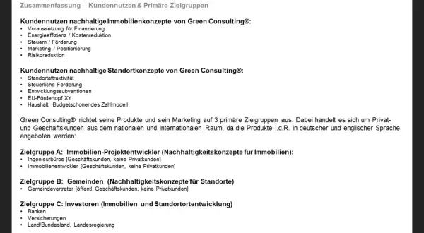 Zusammenfassung: Green Consulting® bietet nachhaltige Immobilien- und Standortkonzepte für Projektentwickler, Gemeinden und Investoren.