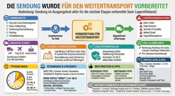 Der Prozess der Sendungsvorbereitung für den Weitertransport, inklusive Kernschritte, Dauer, Zoll & Compliance, und Verzugsfaktoren. Ein wichtiger Aspekt ist der **transfer impact assessment deutsch**.