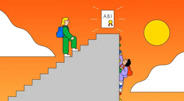 Schüler erklimmen eine Treppe zum Abitur. Eine Person ist bereits oben, während andere kämpfen, was soziale Ungleichheit im Bildungssystem symbolisiert.