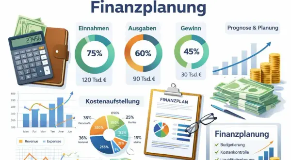 Einblicke in die Finanzplanung: Einnahmen, Ausgaben, Gewinn, Kostenaufstellung und Prognosen. Ein detaillierter businessplan erstellen ist hier visuell dargestellt.