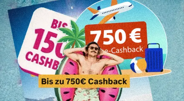 Urlaub mit bis zu 750€ Cashback! Ein Mann entspannt im Wasser, daneben Koffer, Ball und Flugzeug.