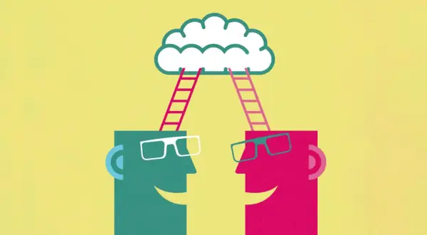 Zwei Köpfe mit Leitern, die zu einer Wolke führen. Symbolisiert den Austausch von Ideen in der politischen Sprache.