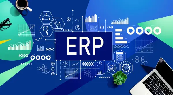 Grafik mit dem Wort "ERP" im Zentrum, umgeben von Diagrammen, Symbolen und einem Laptop. Dies repräsentiert enterprise resource management.