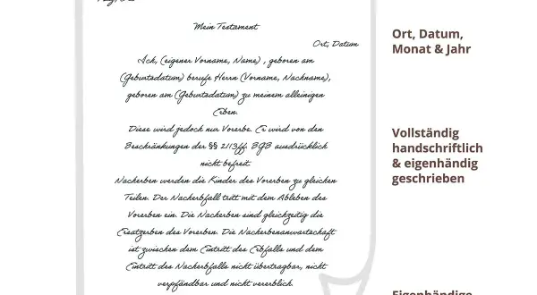 Ein handschriftliches Testament, das die Erbschaft regelt. Es ist ein testament eheleute, das die Nachfolge bestimmt.