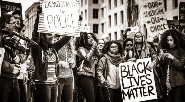 Menschen demonstrieren für Gleichheit. Ein Schild verkündet "Black Lives Matter", was die Bedeutung von BLM unterstreicht.