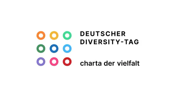 Logo des Deutschen Diversity-Tags mit bunten Kreisen und dem Schriftzug "charta der vielfalt".