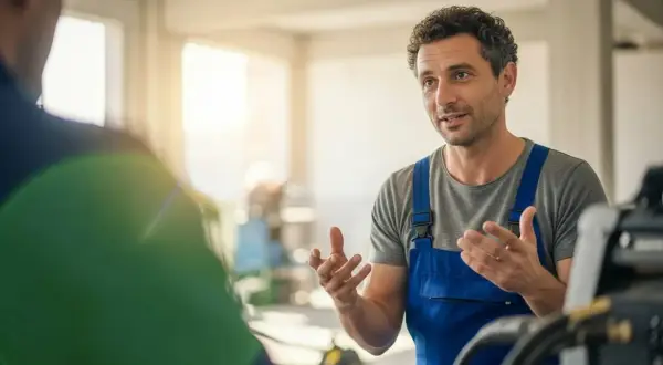 Ein blue collar worker in blauer Latzhose erklärt etwas gestikulierend.