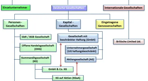 Diagramm zeigt Unternehmensformen, darunter deutsche Gesellschaften wie GbR/BGB-Gesellschaften, die kein Mindestkapital erfordern.
