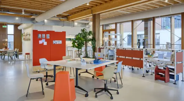 Helles, modernes new work office mit Holzbalkendecke, Besprechungstisch, Pflanzen und flexiblen Trennwänden.