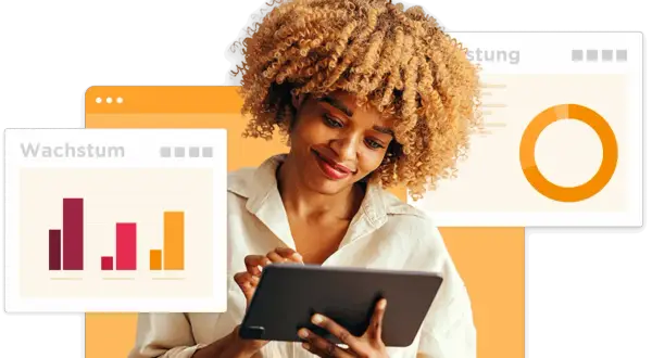 Frau analysiert mit Tablet Daten zu Wachstum und Leistung. Talent analytics im Fokus.