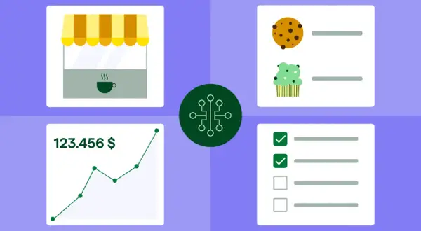 Mit KI einen businessplan erstellen: Café-Symbol, Kekse, Muffin, Finanzdiagramm und Checkliste.