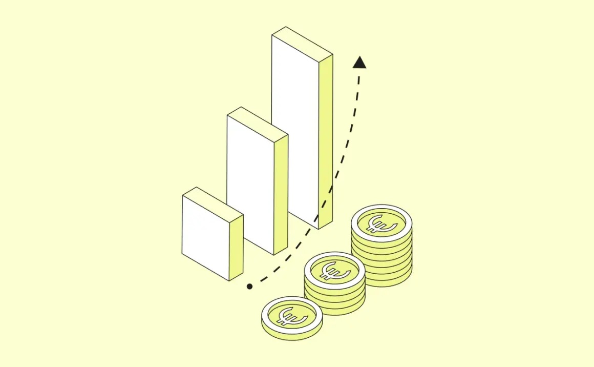 Wachstum der OHG: Balkendiagramm mit Euro-Münzen und Pfeil, der Aufwärtstrend symbolisiert.