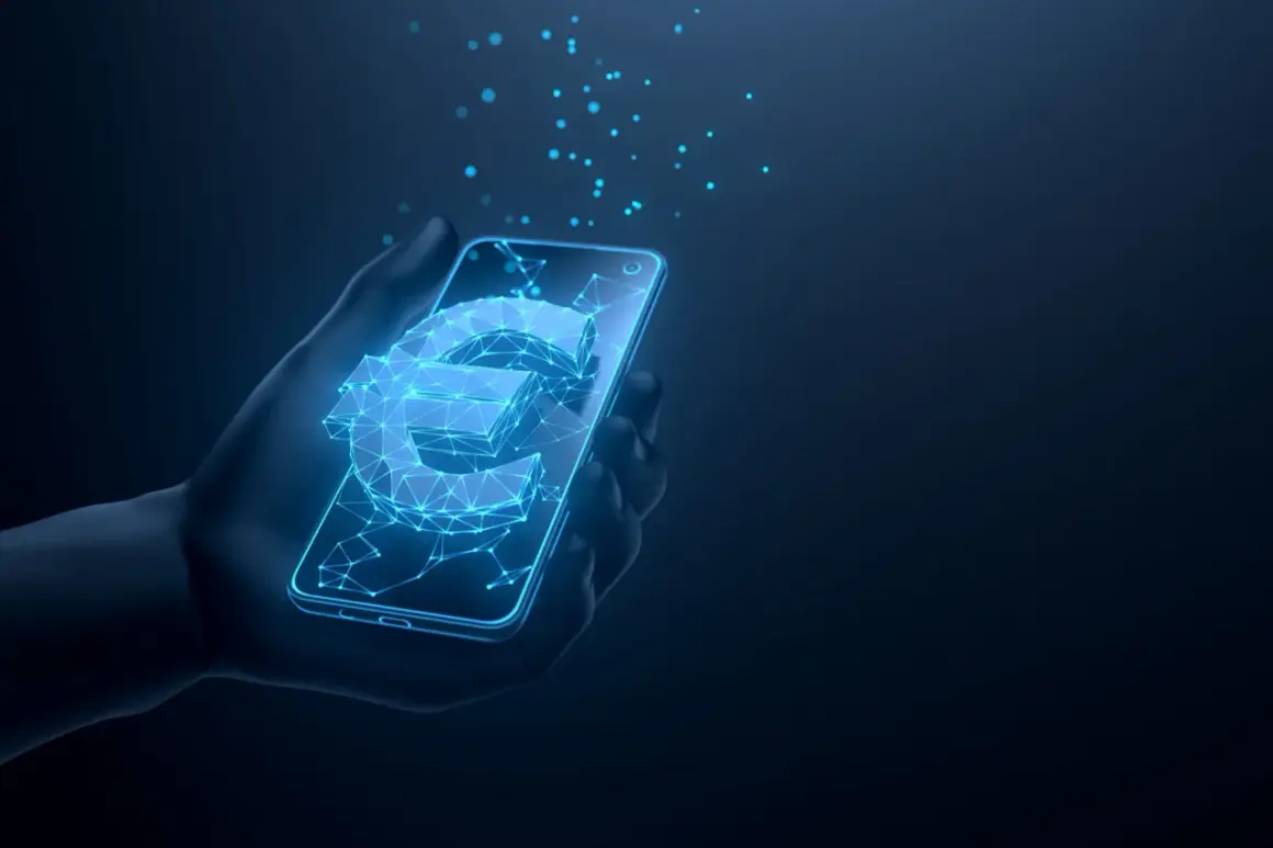 Digitale Euro-Symbol leuchtet auf einem Smartphone in einer Hand. Dies veranschaulicht, was ist der digitale Euro: eine neue Form des Geldes.