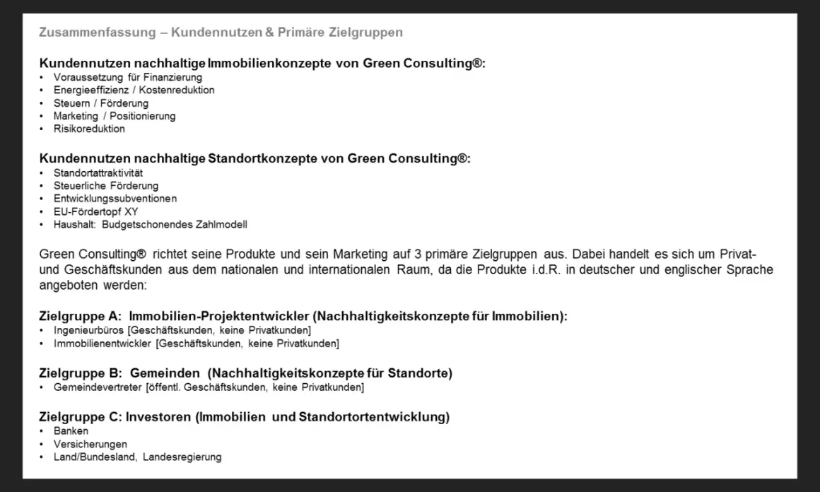 Zusammenfassung: Green Consulting® bietet nachhaltige Immobilien- und Standortkonzepte für Projektentwickler, Gemeinden und Investoren.