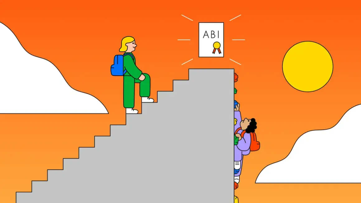 Schüler erklimmen eine Treppe zum Abitur. Eine Person ist bereits oben, während andere kämpfen, was soziale Ungleichheit im Bildungssystem symbolisiert.