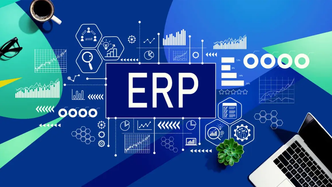 Grafik mit dem Wort "ERP" im Zentrum, umgeben von Diagrammen, Symbolen und einem Laptop. Dies repräsentiert enterprise resource management.