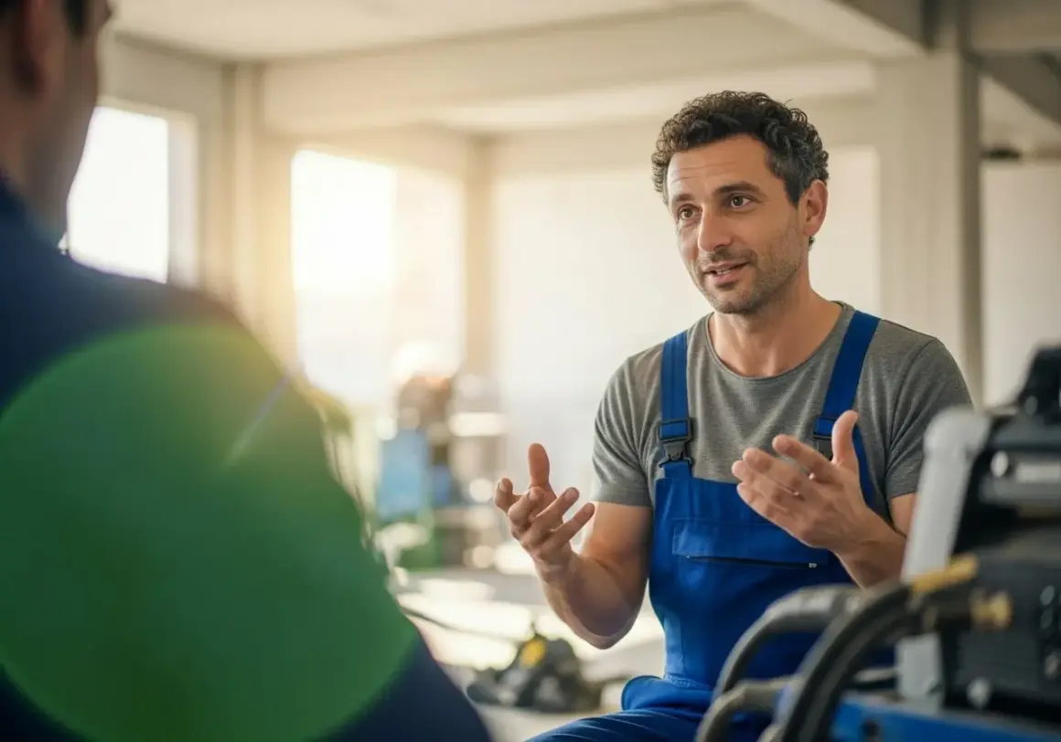 Ein blue collar worker in blauer Latzhose erklärt etwas gestikulierend.