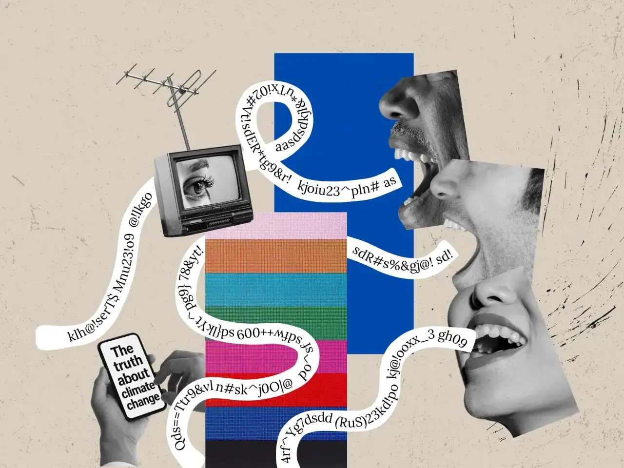 Collage mit schreienden Gesichtern, einer alten TV-Kamera und einem Smartphone, das 