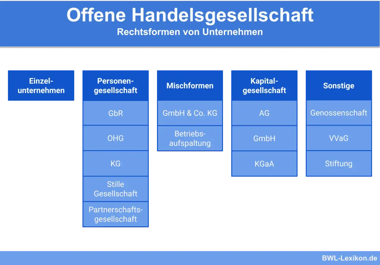 &Uuml;bersicht &uuml;ber Rechtsformen von Unternehmen: Einzelunternehmen, Personengesellschaften (u.a. OHG), Mischformen, Kapitalgesellschaften und Sonstige.