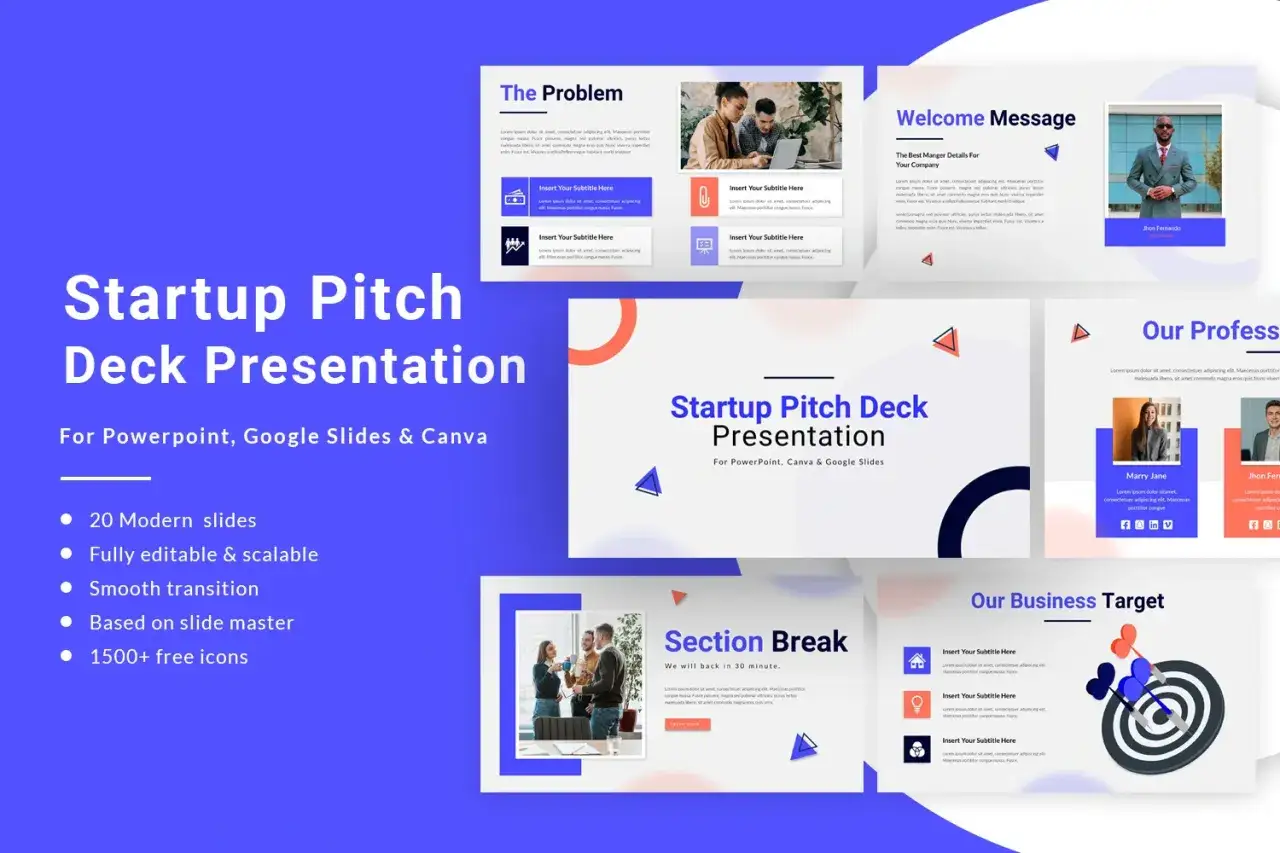 Moderner Startup Pitch Deck Entwurf mit 20 Folien, ideal f&uuml;r Pr&auml;sentationen.