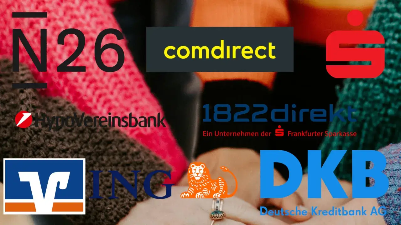 Logos von N26, comdirect, Sparkasse, HypoVereinsbank, 1822direkt, ING, DKB. Viele Banken f&uuml;r ein gemeinsames Konto.