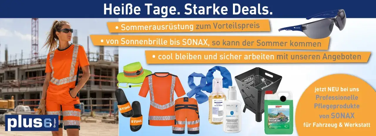 Eine Frau im orangefarbenen Arbeitsoutfit, bereit f&uuml;r den Sommer. Angebote f&uuml;r blue collar worker deutsch, von Sonnenbrillen bis SONAX.