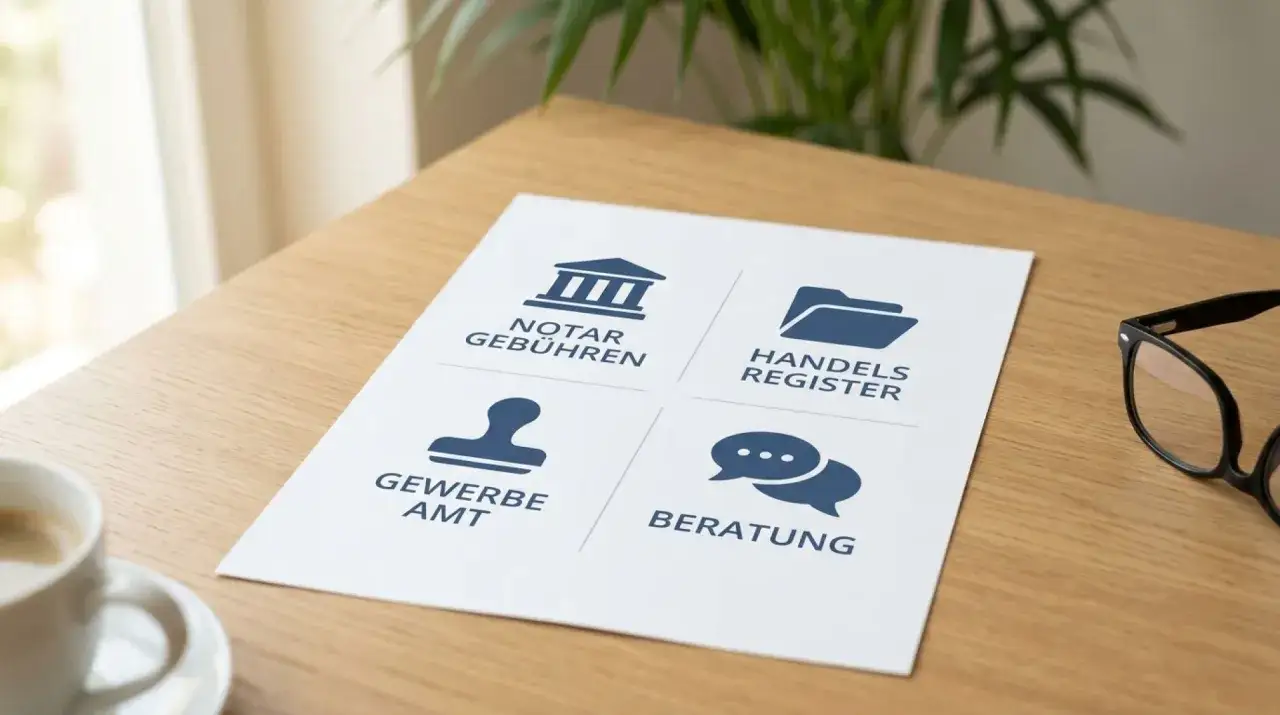 &Uuml;bersicht &uuml;ber GmbH Kosten: Notar, Handelsregister, Gewerbeamt und Beratung.