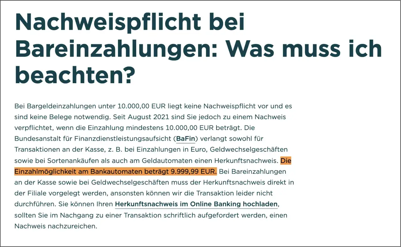 Bei Bargeldeinzahlungen unter 10.000 &euro; ist kein Nachweis n&ouml;tig. Am Automaten sind 9.999,99 &euro; m&ouml;glich. Wie oft kann man 10.000 Euro einzahlen ohne Nachweis? Hier erfahren Sie es.