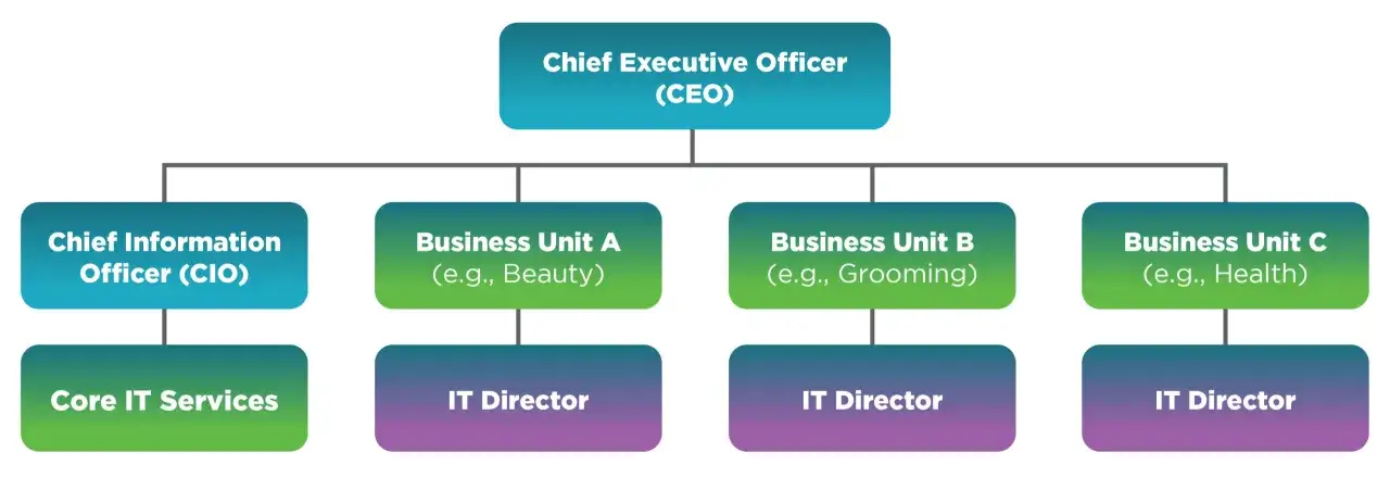 Organigramm zeigt die Unternehmensstruktur: CEO, CIO mit IT-Services, und Gesch&auml;ftsbereiche A, B, C mit jeweiligen IT-Direktoren.